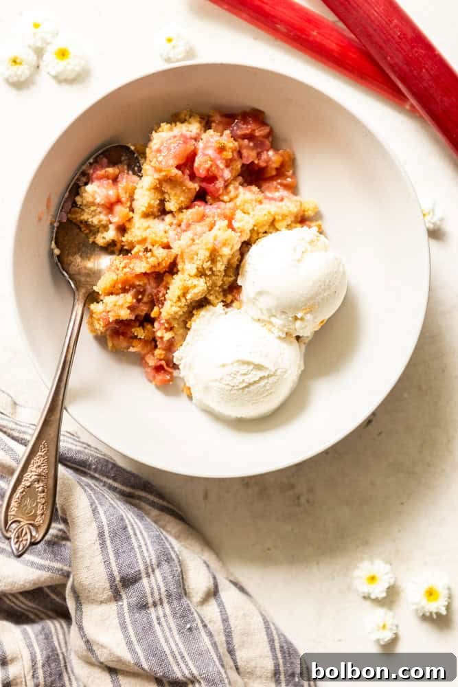Homestyle Rhubarb Crumble 2 Old Fashioned rhubarb Crumble in a white bowl with two scoops of vanilla ice cream.