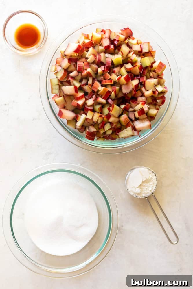 Homestyle Rhubarb Crumble 3 Chopped rhubarb granulated sugar, cornstarch and vanilla extract.