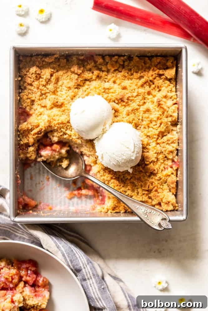 Homestyle Rhubarb Crumble 6 Square metal baking dish with baked rhubarb crumble, topped with vanilla ice cream.