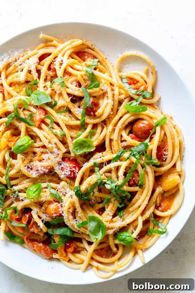 A serving of Burst Cherry Tomato Pasta, beautifully plated and adorned with a sprig of fresh basil and a generous dusting of grated Parmesan cheese.