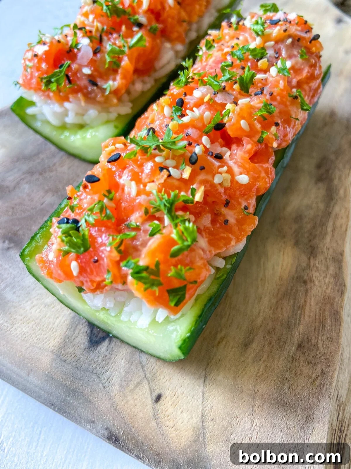 Refreshing Salmon Cucumber Boats 2 Cucumber Salmon Boats, a low-carb and high-protein sushi-inspired meal