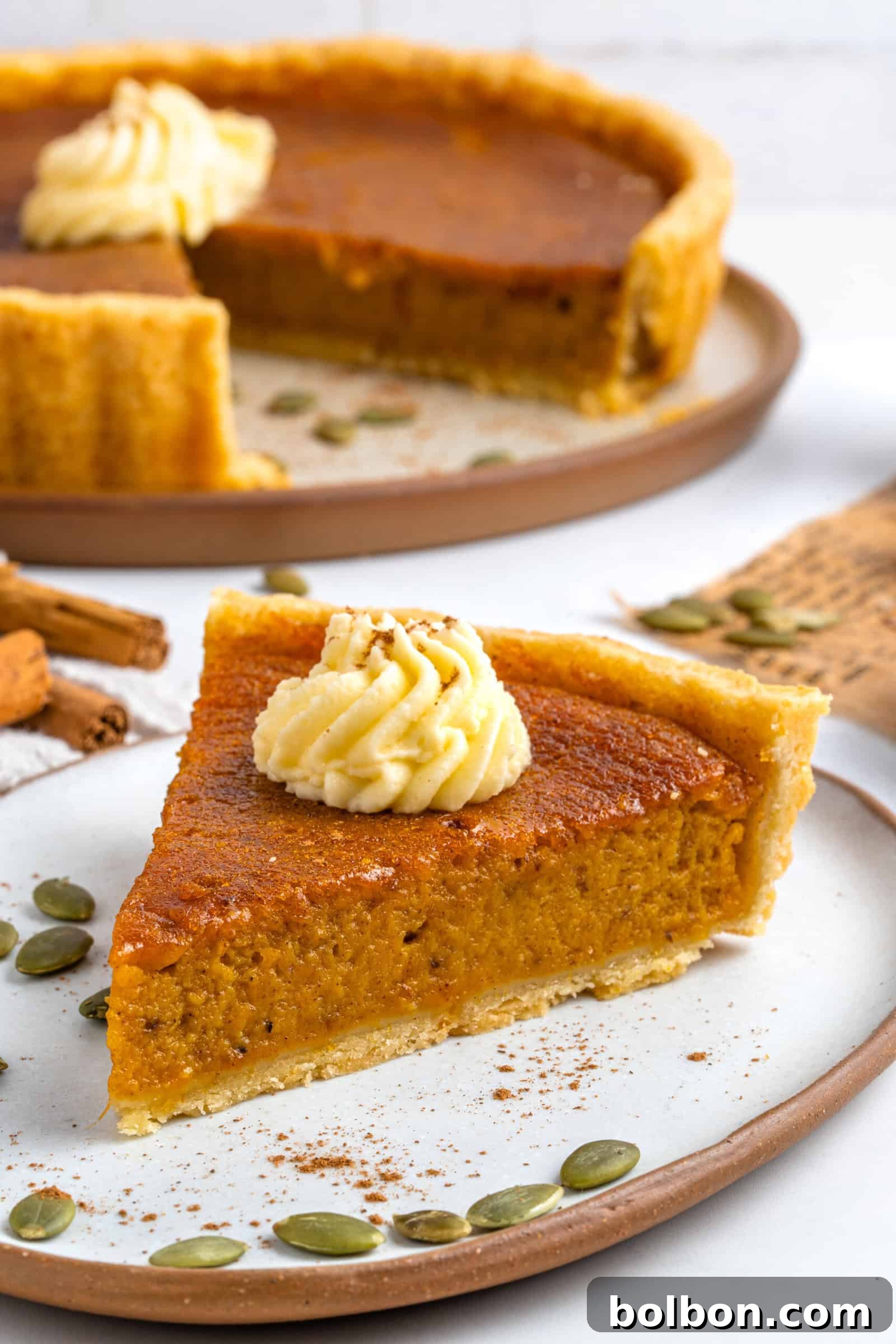 A beautifully presented slice of classic pumpkin pie, garnished with a dollop of whipped cream, on a rustic plate.