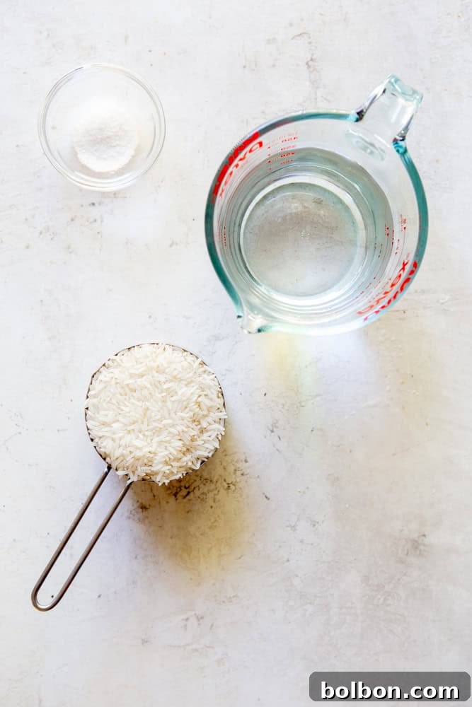 Master the Art of Fluffy White Rice 3 Ingredients for cooking white rice: dry jasmine rice, fresh water, and a pinch of kosher salt.