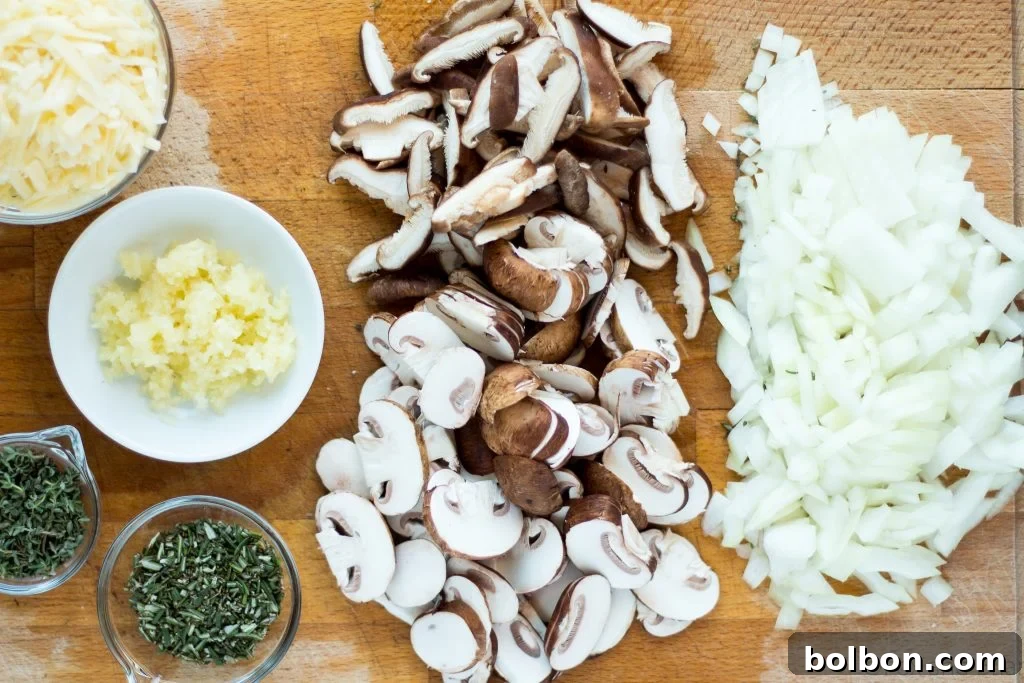 Sliced cremini and shiitake mushrooms ready for cooking, showcasing their varied textures and colors.