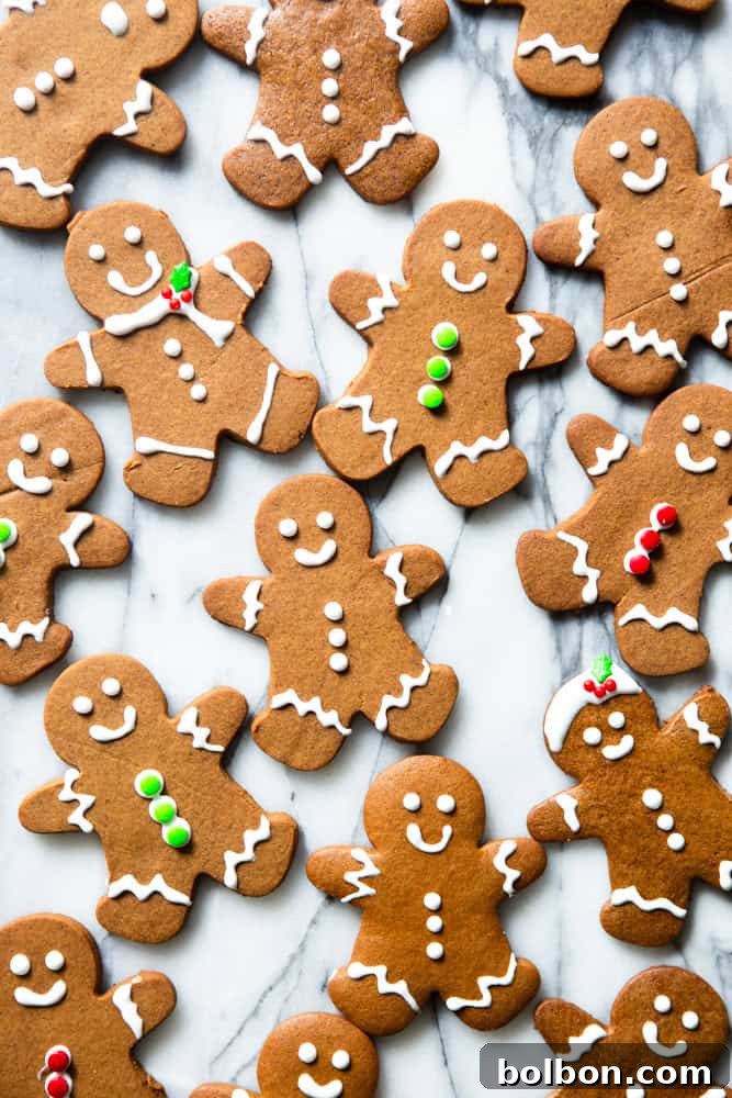 Gingerbread man cookies decorated with royal icing and candies.
