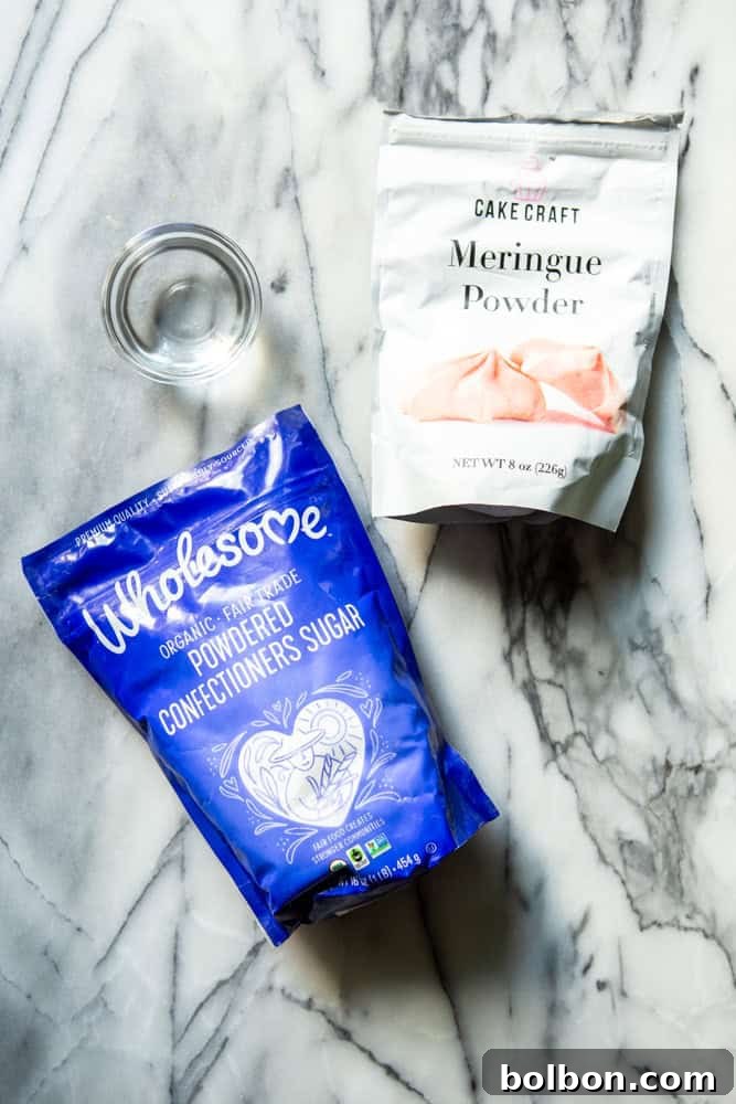 Ingredients for royal icing - organic powdered sugar, meringue powder, water.