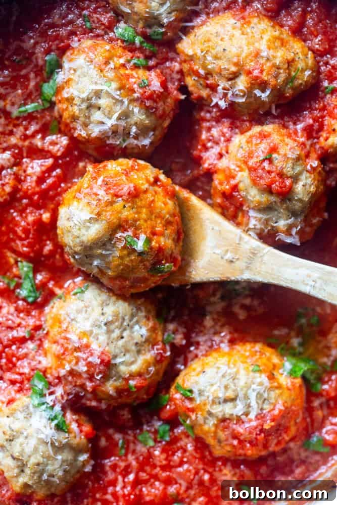 Turkey Ricotta Meatballs with marinara sauce, topped with fresh parsley and grated parmesan cheese, served as a complete dish.