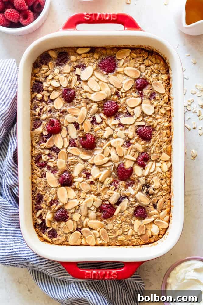 Delicious Raspberry Almond Baked Oatmeal, ready for a healthy breakfast.