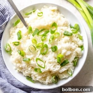 A top-down view of Ginger Scallion Rice, beautifully garnished with fresh green scallions.