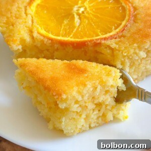 A close-up of a moist orange cake on a white plate, topped with a round slice of orange. A fork is holding a piece of the cake, showing its soft and fluffy texture.