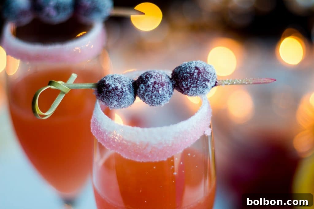 A vibrant Cranberry Orange Cosmo beautifully garnished with a skewer of sparkling sugared cranberries, perfect for any holiday table.