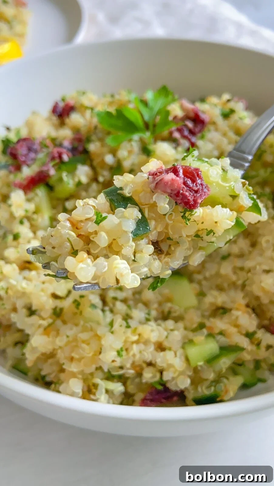 Crimson Quinoa Delight 2 A vibrant bowl of Cranberry Quinoa Salad, showcasing the fluffy quinoa, chopped cucumbers, fresh green herbs, and tart dried cranberries. It's a colorful and inviting image that emphasizes the salad's freshness and visual appeal.