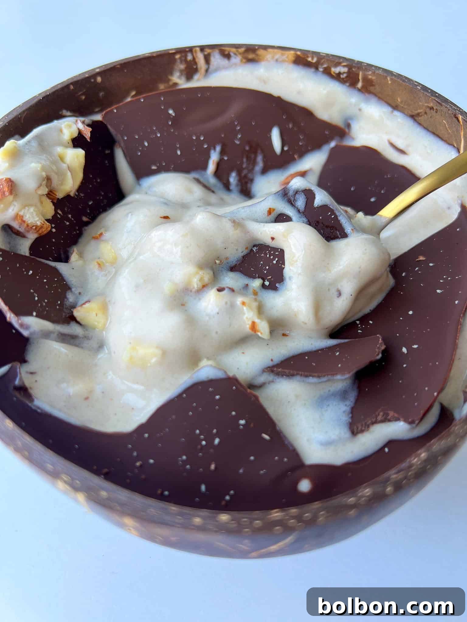 Crackle-Top Banana Dream 2 A bowl of creamy banana ice cream topped with a homemade chocolate magic shell and crushed walnuts.
