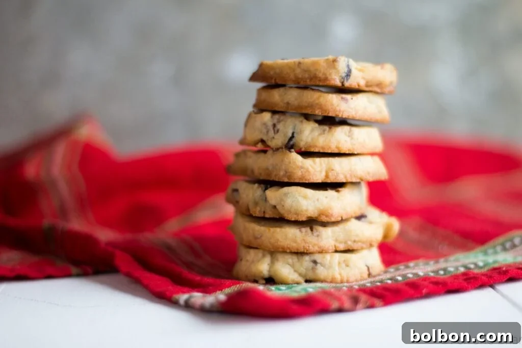 Cranberry Orange and Pecan Shortbread cookies. These easy, slice and bake cookies are flavored with orange zest, vanilla, cranberries and pecans. They are the perfect holiday cookies to give away or keep for yourself! A close-up of delicious festive shortbread cookies, beautifully arranged and ready to be enjoyed.
