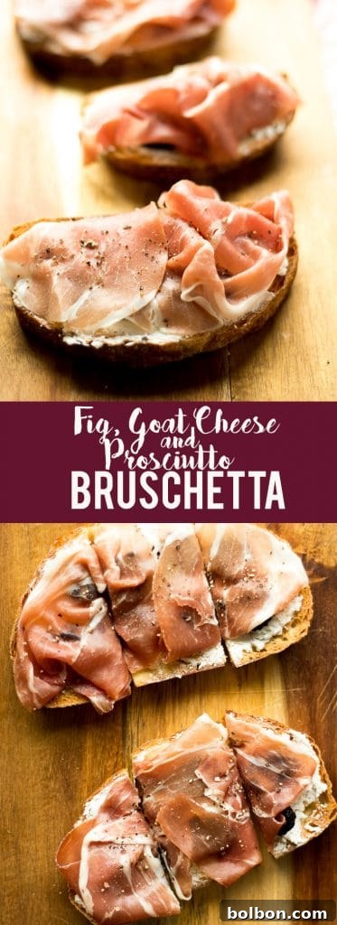 Fig, Prosciutto, and Creamy Chèvre Crostini 3 Close-up of freshly prepared Fig, Goat Cheese, and Prosciutto Bruschetta slices, highlighting textures