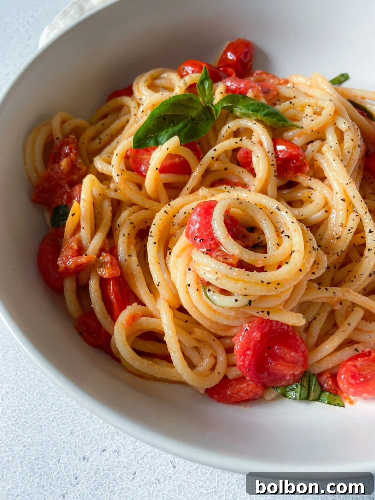 Blistered Cherry Tomato Pasta, a vibrant summer dish with fresh basil and Parmesan cheese.