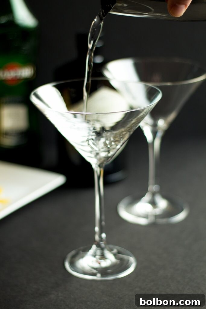 Close-up of a Perfect Gin Martini with a lemon peel