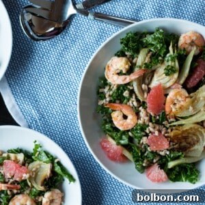 This hearty winter salad has roasted fennel and shrimp with the bright flavor of grapefruit, plus farro and kale for a nutritional powerhouse!