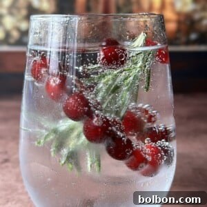A clear glass of sparkling water with floating cranberries and a sprig of rosemary, set on a brown surface with a blurred, warm-toned background—an elegant twist inspired by the Viral Snow Globe Cocktail.
