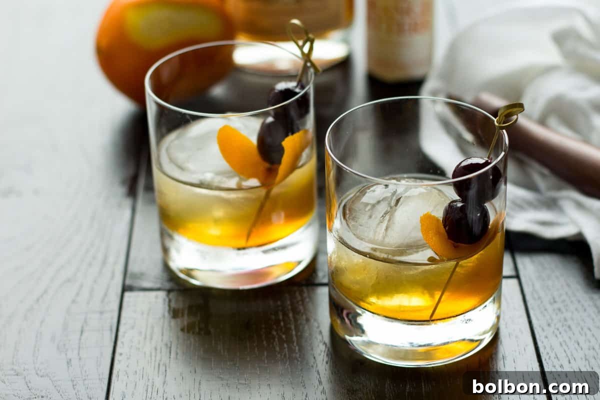 A refreshing Apple Old Fashioned cocktail in a lowball glass, garnished with an orange peel and cherries, set against a warm, inviting background.