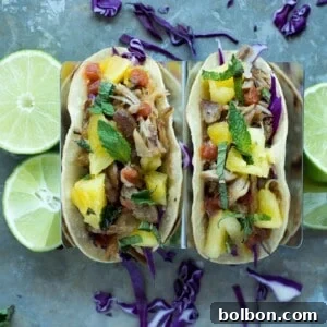 A beautifully presented slow cooker pork taco with vibrant pineapple mint salsa.
