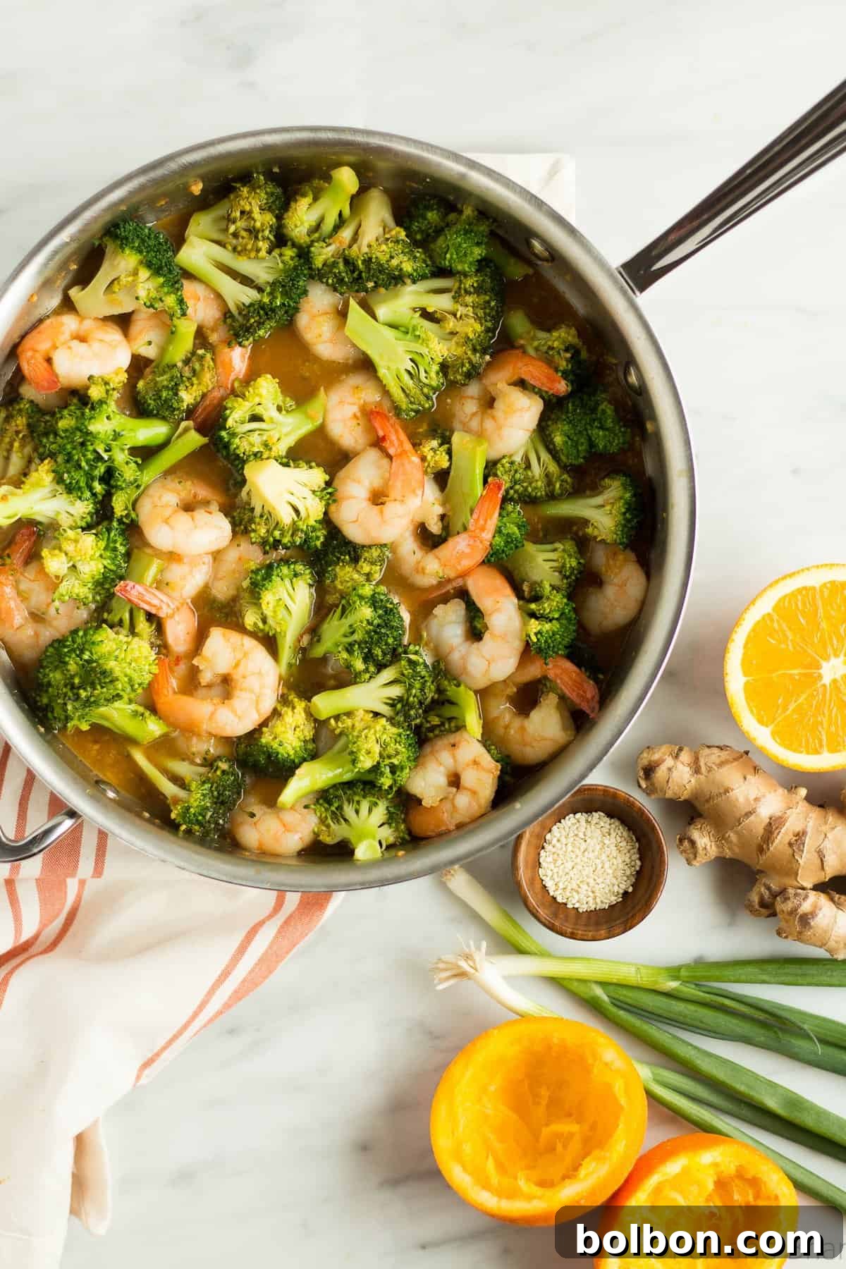 Close-up of Orange Sesame Shrimp and broccoli