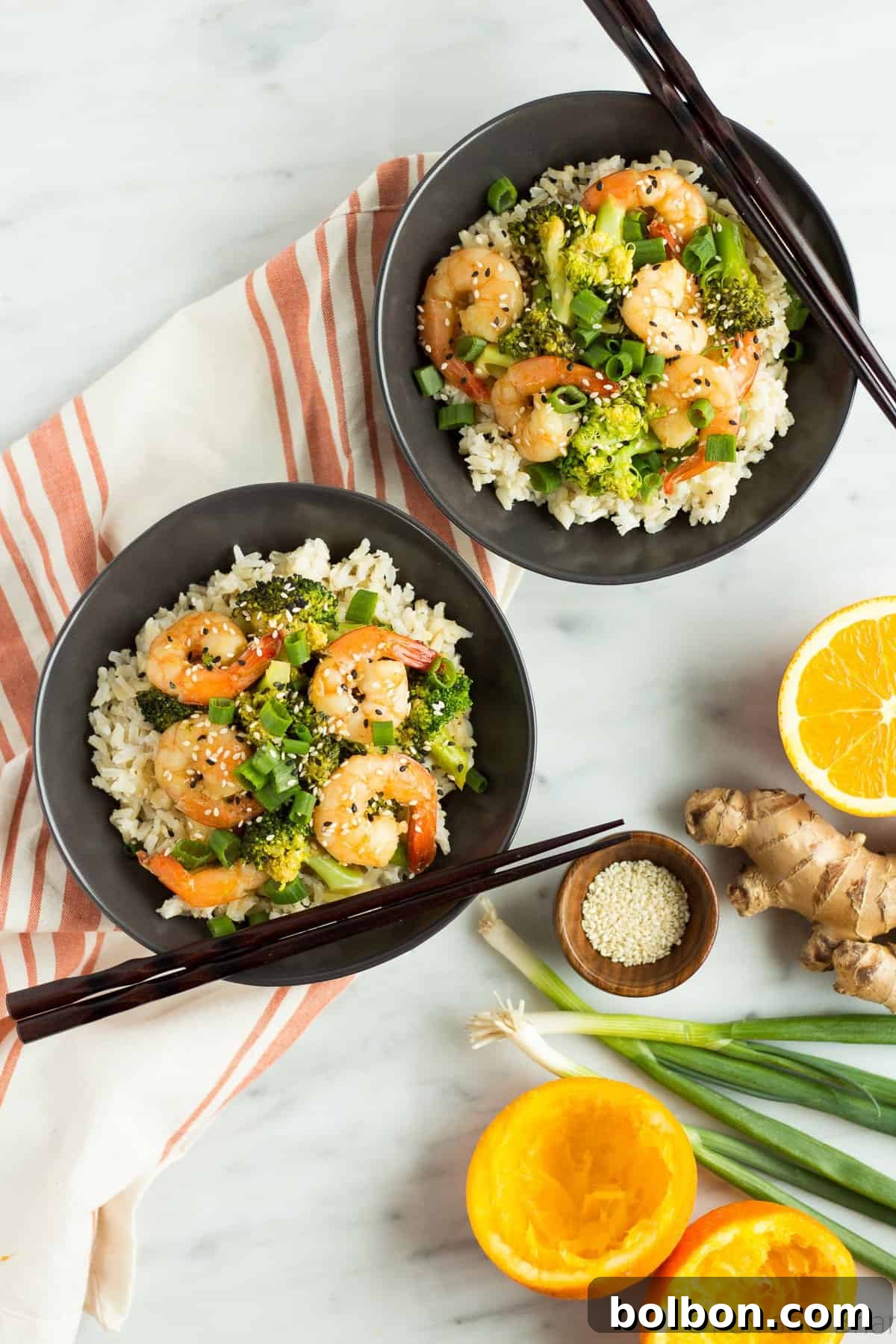 Orange Sesame Shrimp garnished with green onions and sesame seeds