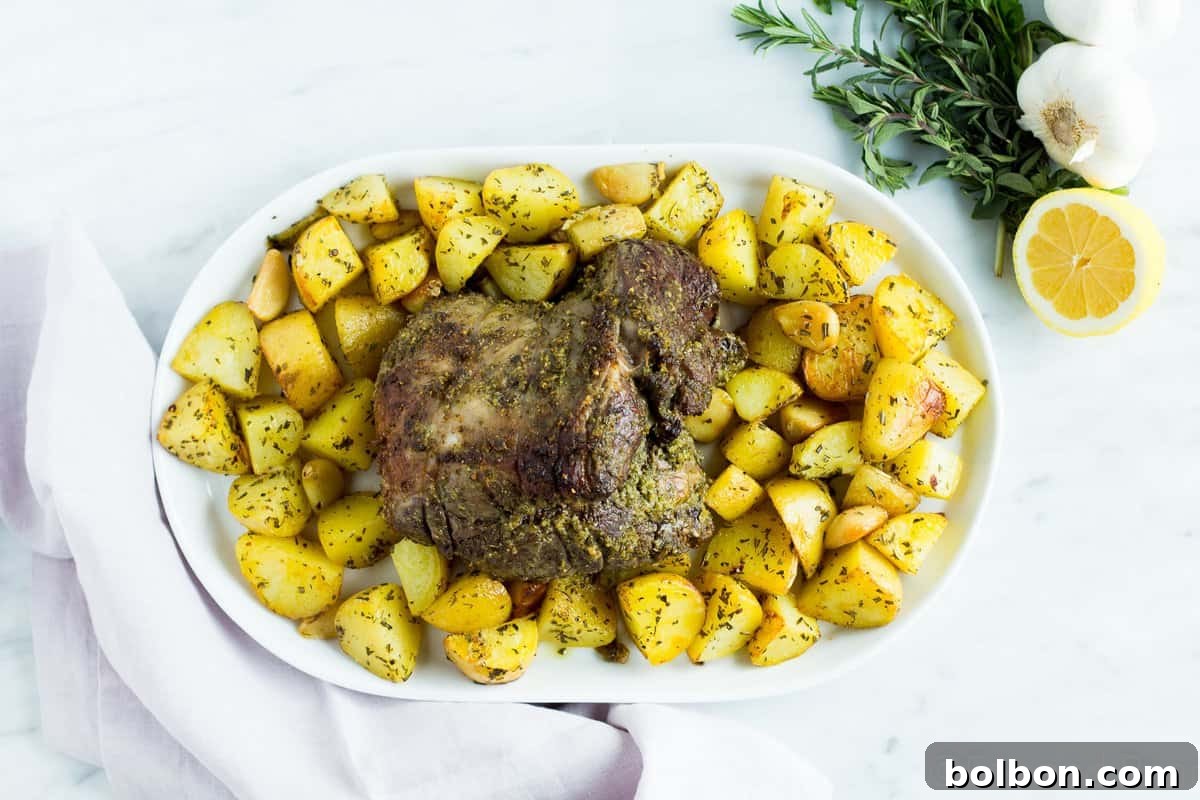 Succulent Fresh Herb Boneless Leg of Lamb roasted to perfection for a spring feast.