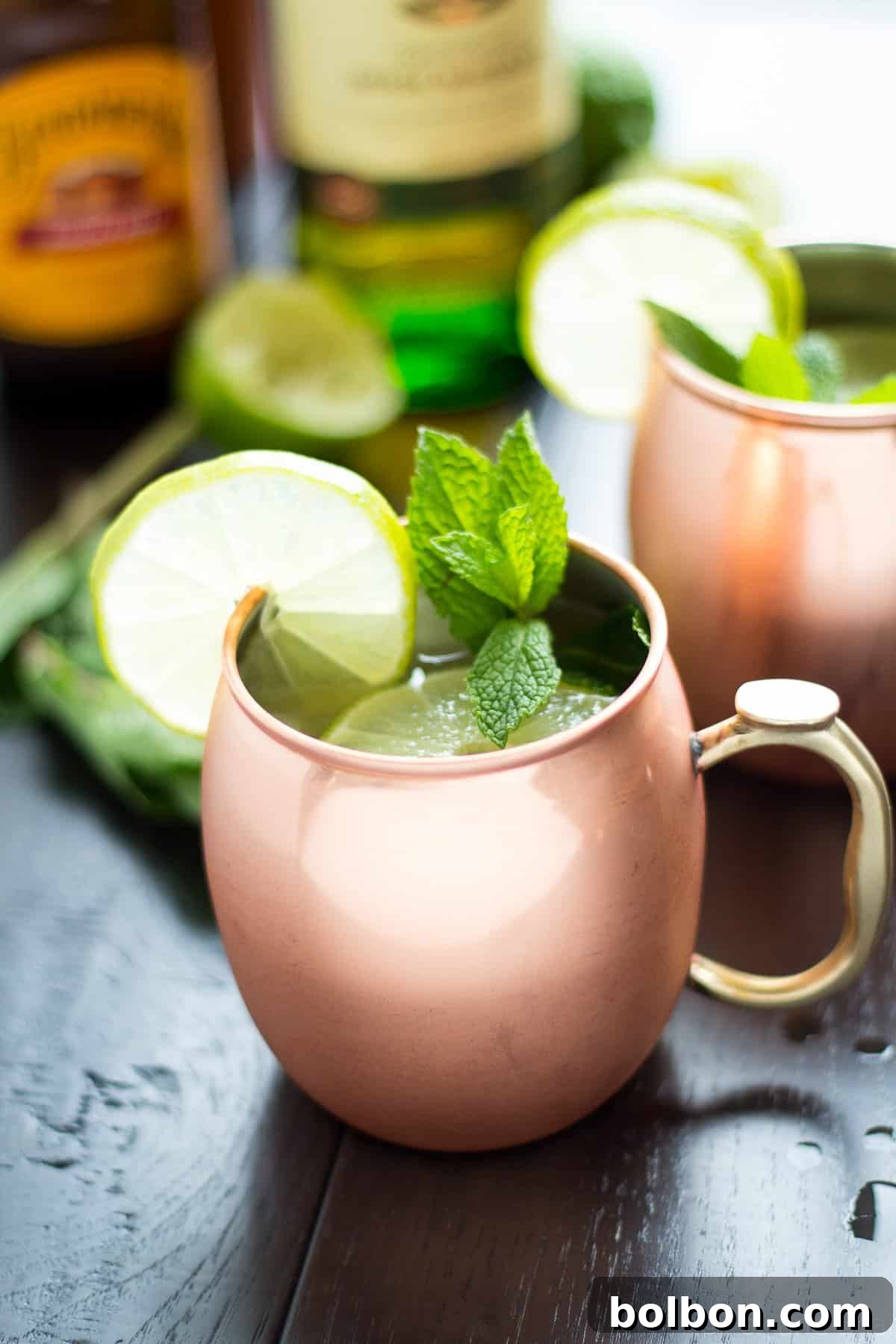 Emerald Kick 5 A hand holding a copper mug filled with an Irish Mule, garnished with lime.
