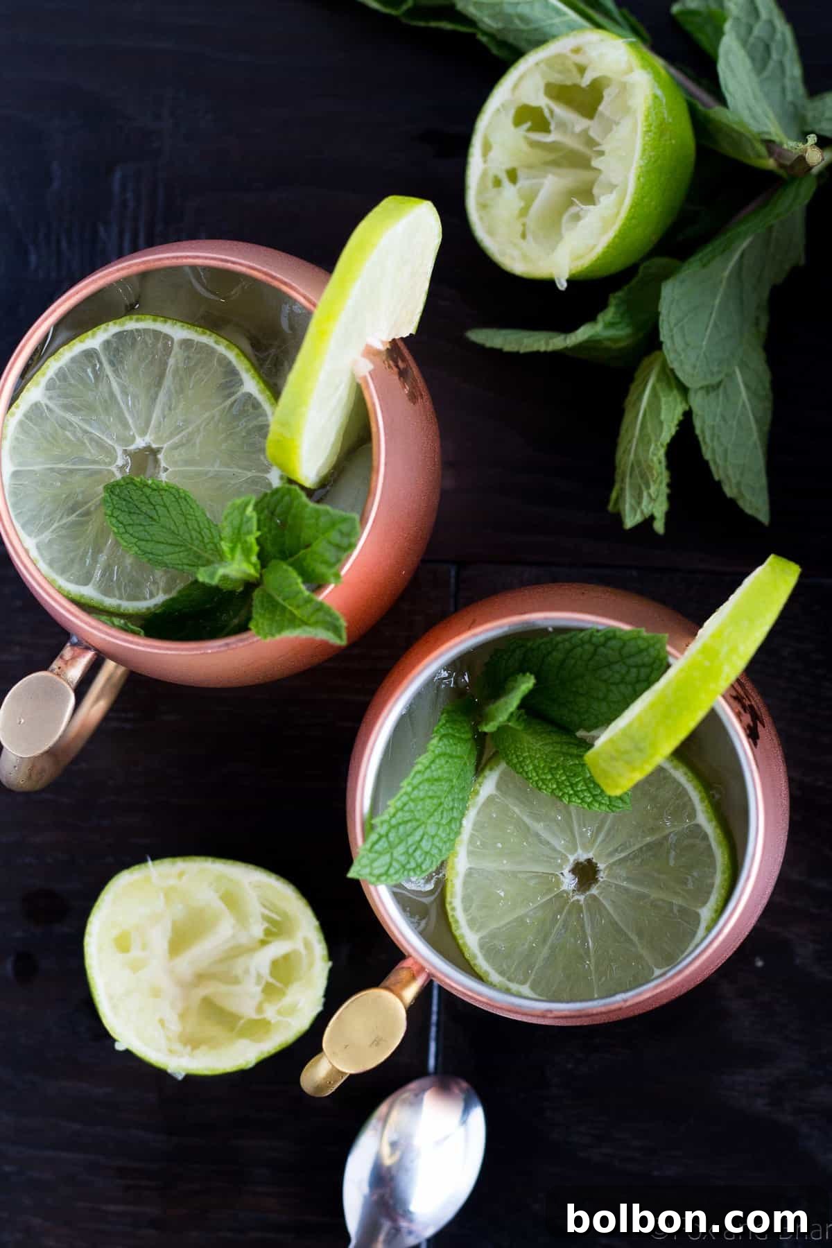 Emerald Kick 6 A close-up of an Irish Mule in a copper mug, garnished with a lime wedge and mint sprig.