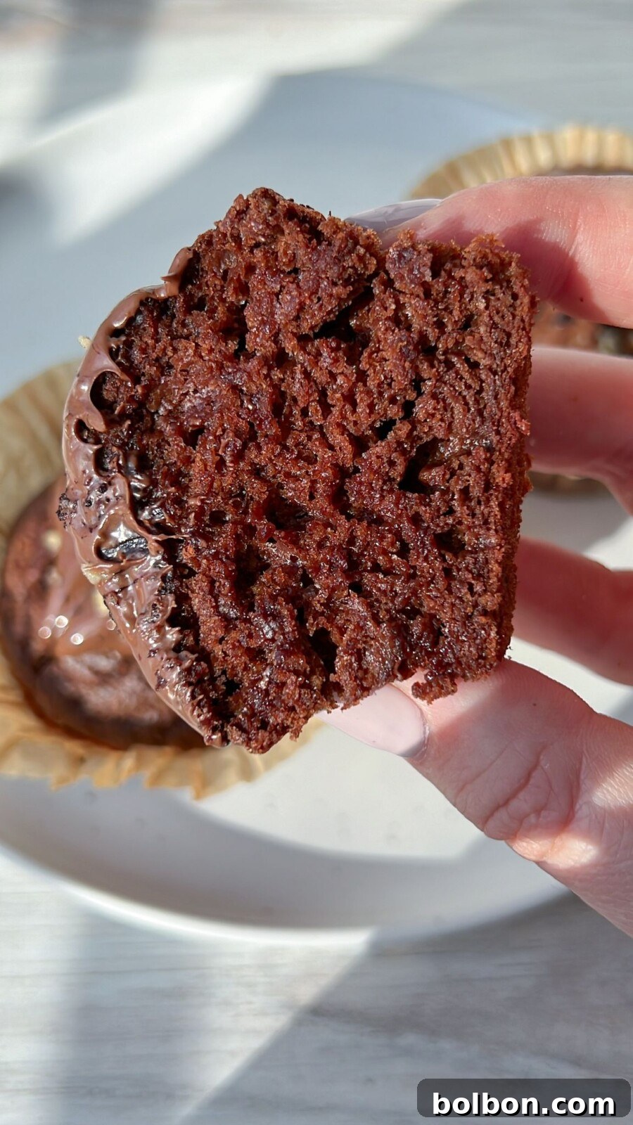 Healthy Chocolate Muffins - A close-up of a perfectly baked chocolate muffin, showcasing its moist texture and rich color, ready to be enjoyed.