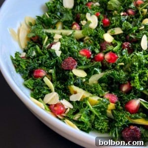 A close-up of a vibrant Kale Pomegranate Salad in a white bowl, adorned with juicy pomegranate seeds, dried cranberries, and crunchy almond slices.