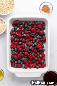 Summer Berry Crunch 6 A white baking dish filled with fresh raspberries and blueberries. Surrounding the dish are bowls containing oats, flour, cinnamon, olive oil, and syrup. The ingredients are arranged on a light-colored surface.