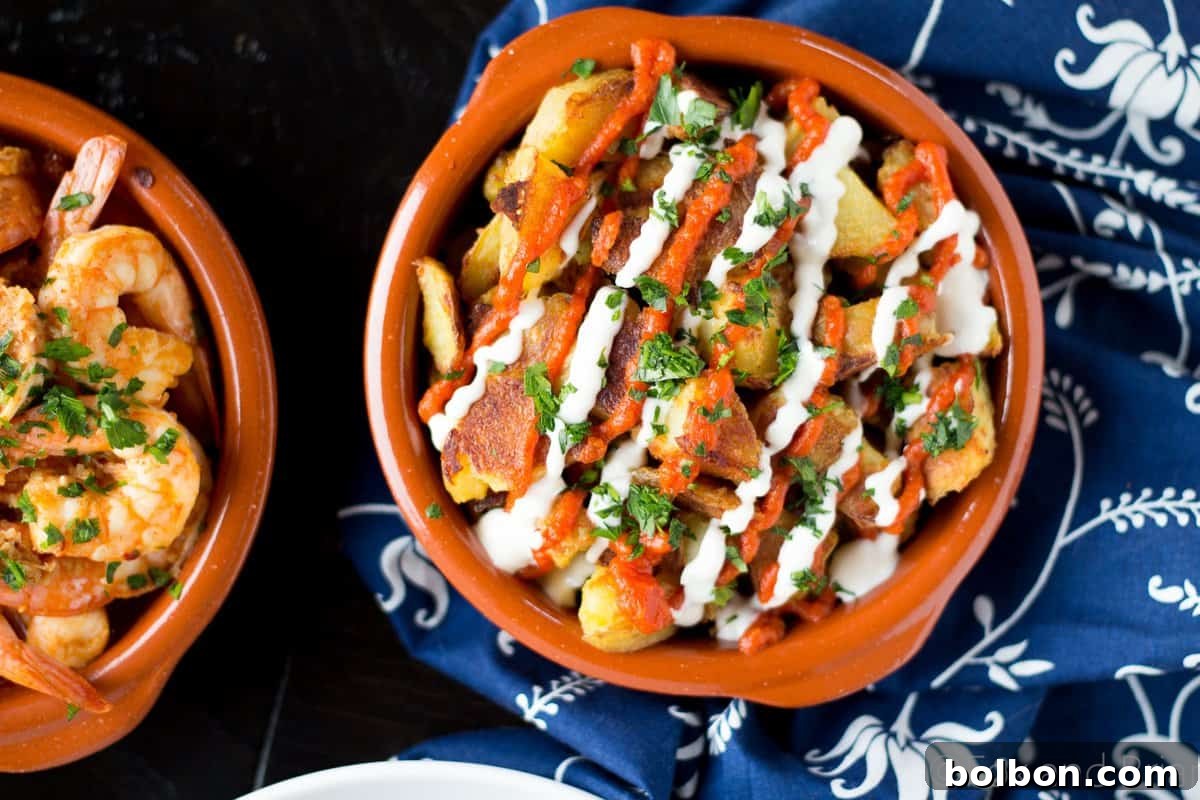 Ultimate Patatas Bravas Guide 4 A serving of Patatas Bravas generously topped with smoky red salsa and white garlic aioli.
