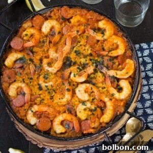 Saffron-Infused Shrimp and Chorizo Paella 8 This simple Shrimp and Chorizo Paella is easy to make, has classic Spanish flavors and is an impressive crowd pleaser.
