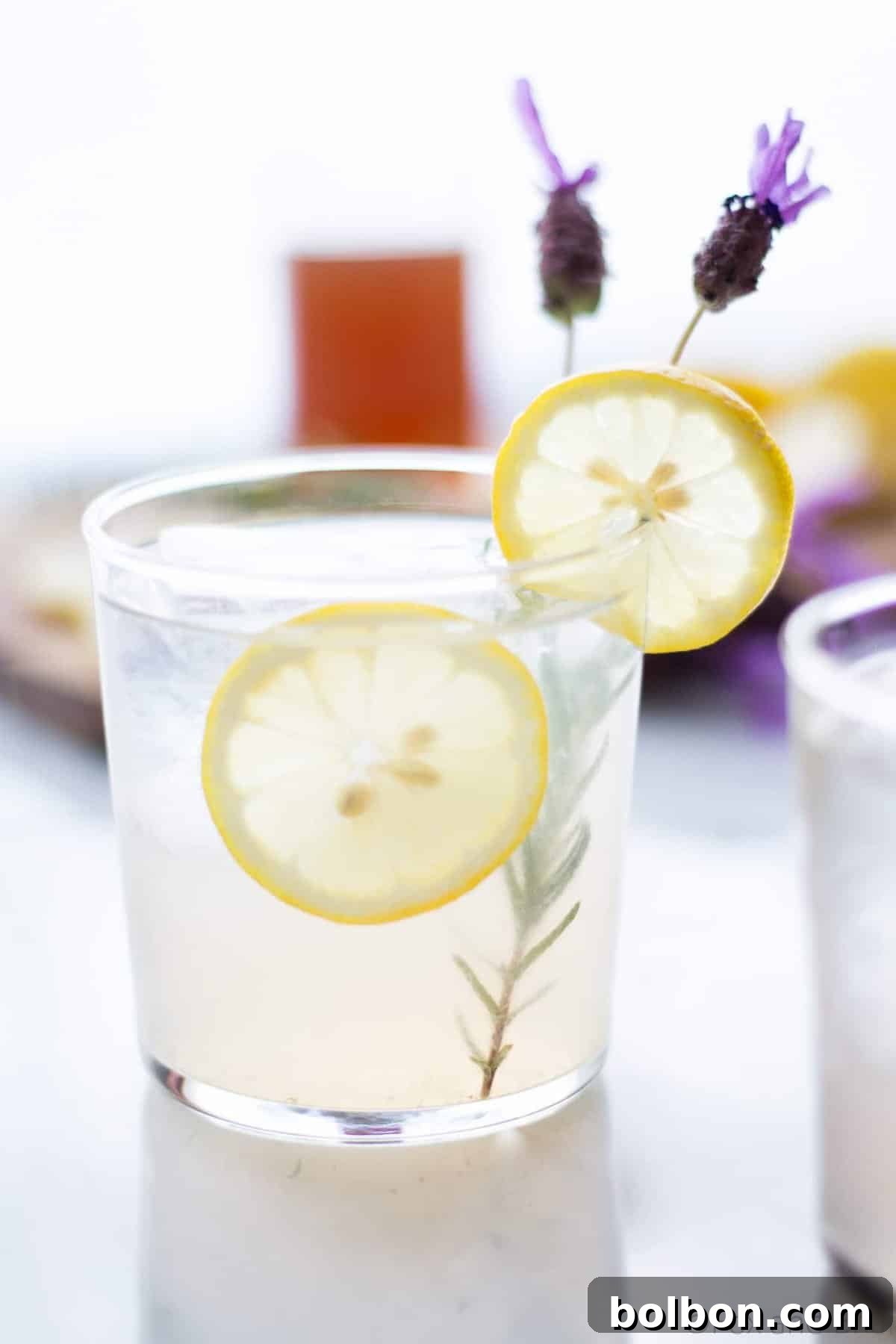 Wild Lavender Collins 4 Ingredients for Lavender Collins, including gin, lemon, lavender syrup, and sparkling water, artfully arranged on a light background.