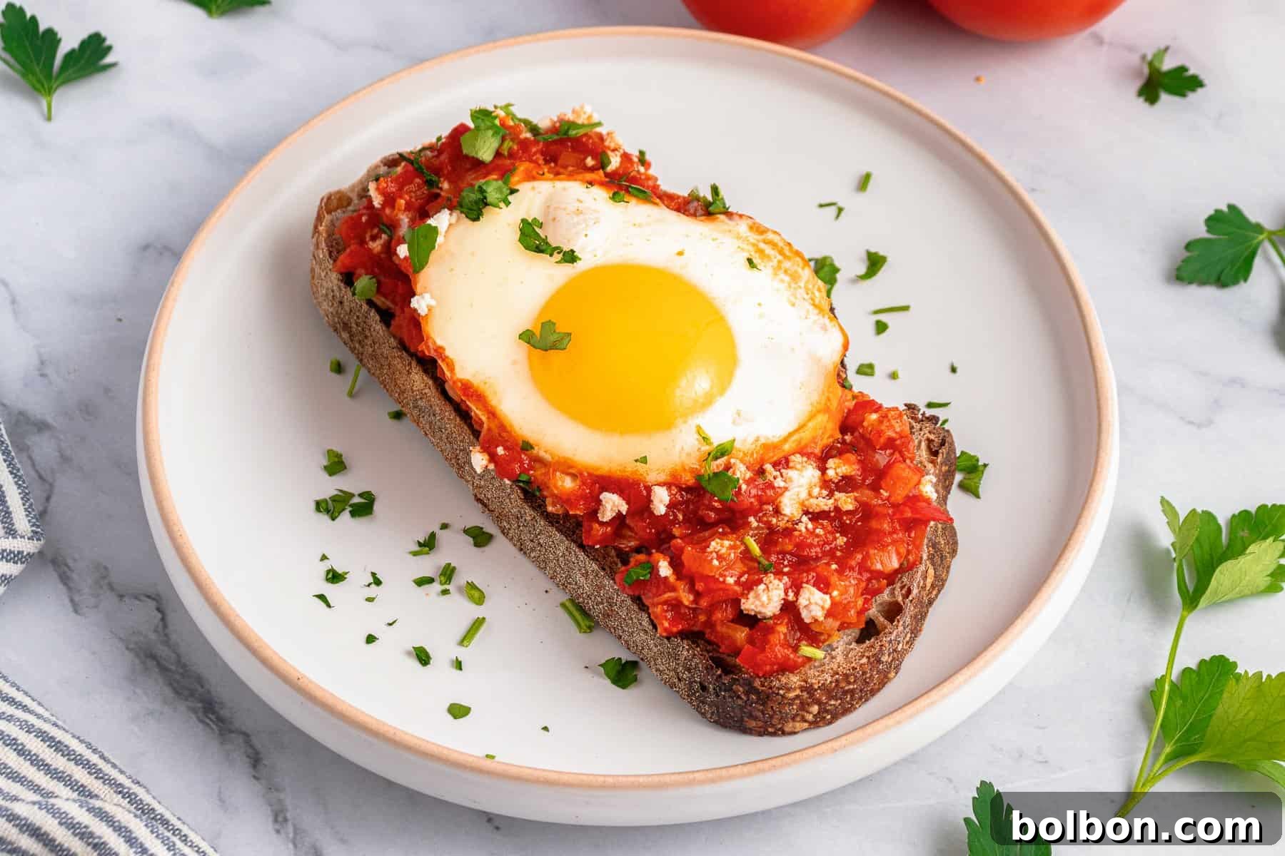 A piece of toast with the egg and tomato sauce on top. 