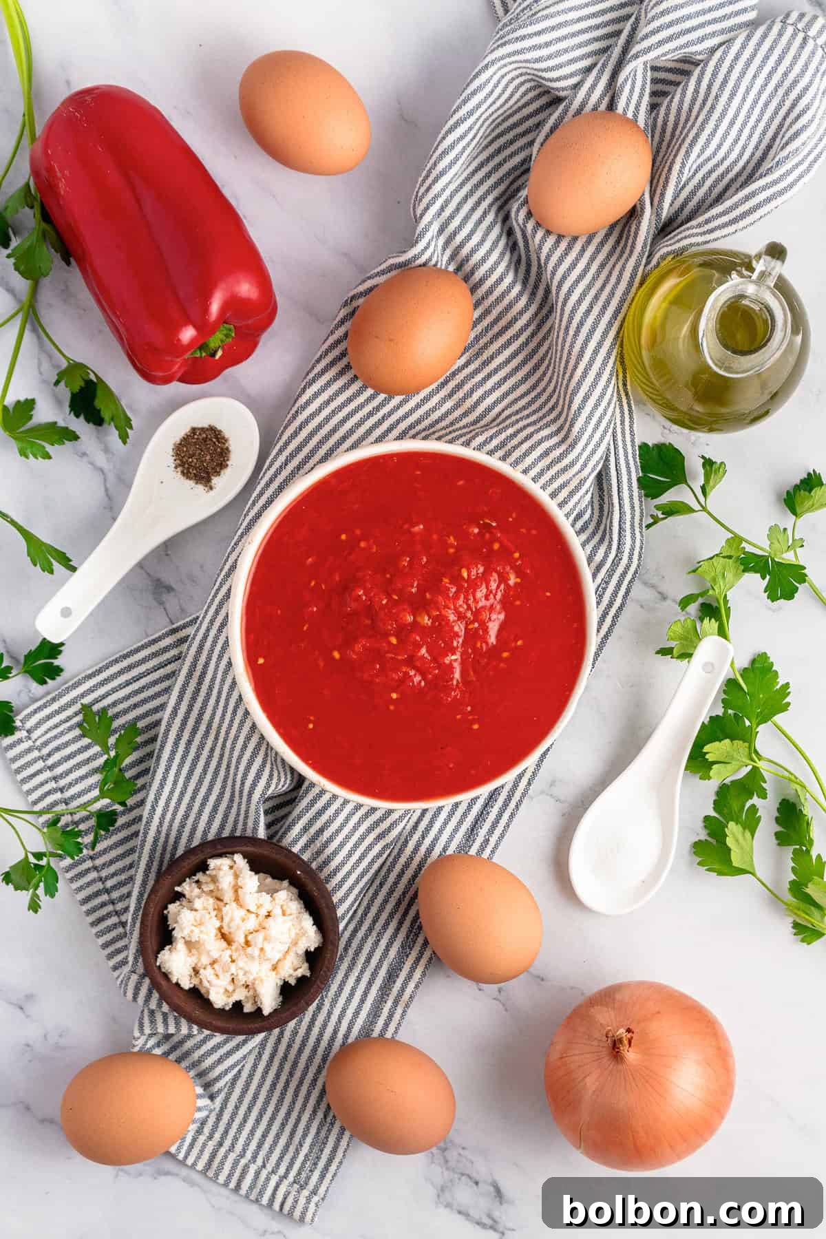 These are all of the ingredients for the Shakshouka recipe. Eggs, feta, tomatoes, peppers, onions, parsley, salt. 