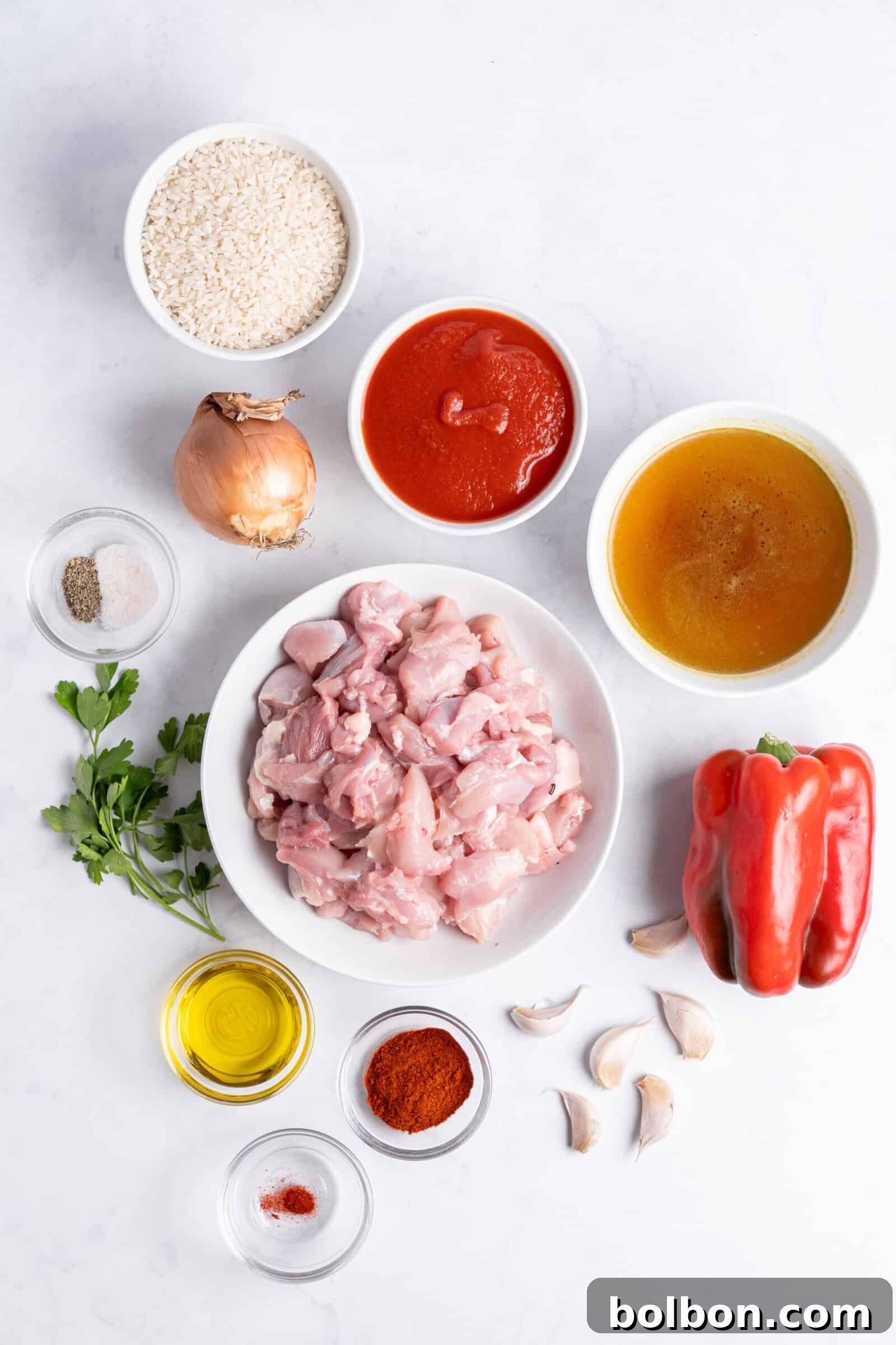 Top-down view of ingredients for a dish: raw chicken pieces in a bowl, white rice, chopped tomatoes, red bell pepper, onion, garlic cloves, chicken broth, oil, spices, and fresh herbs, all arranged on a light surface.