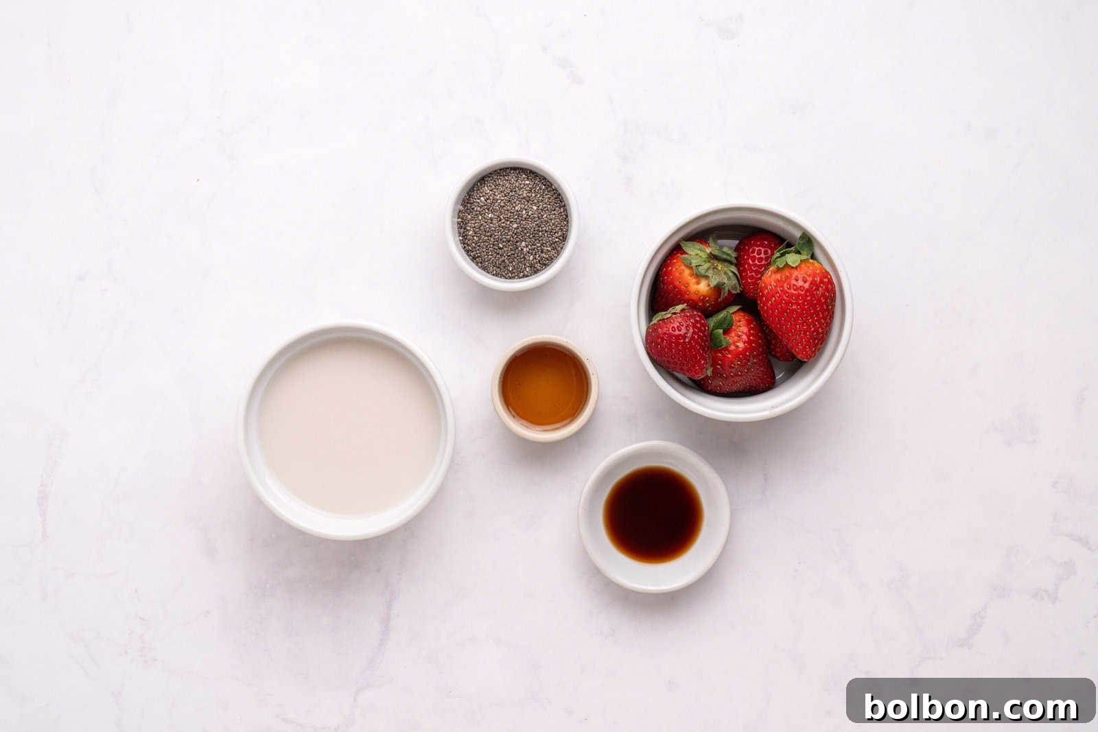 Wholesome Chia Delight 3 Five bowls on a white surface containing chia seeds, whole strawberries, plant-based milk, honey, and vanilla extract, arranged in a loose circle.