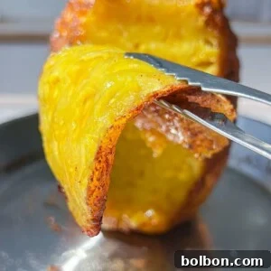A pair of tongs lifts a crispy, golden-brown slice of Brazilian Grilled Pineapple from a larger piece on a skewer over a stainless steel tray.