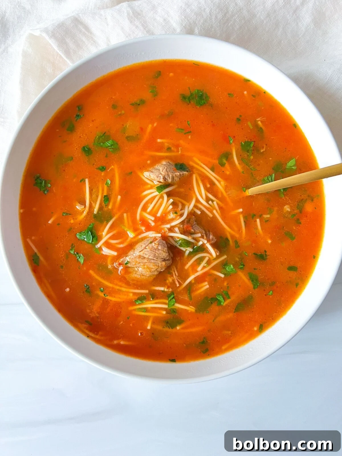 A steaming bowl of comforting Beef Noodle Soup with tender beef, creamy broth, and thin noodles, garnished with fresh parsley.