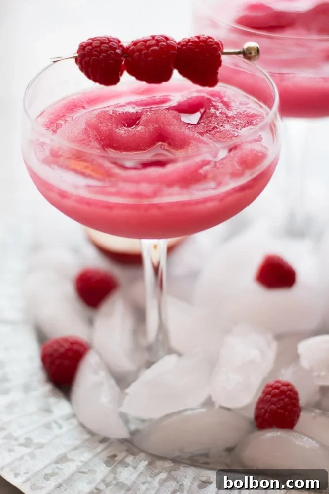 Final presentation of Raspberry Peach Frosé in elegant glasses.