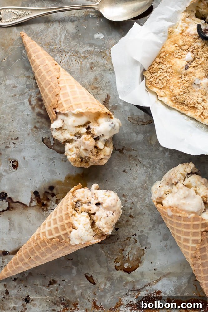 Easy No-Churn S'mores Ice Cream 3 A scoop of homemade No-Churn S'mores Ice Cream with visible graham crackers and chocolate swirls.