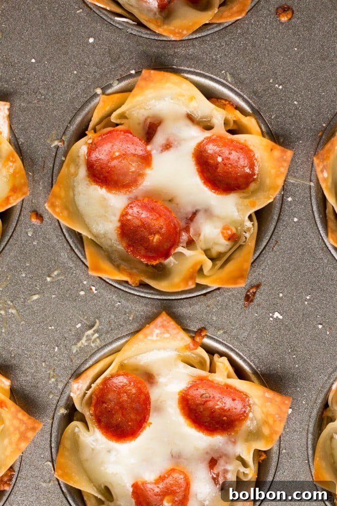 Crispy wonton wrappers filled with creamy, cheesy pizza dip, baked to gooey perfection.