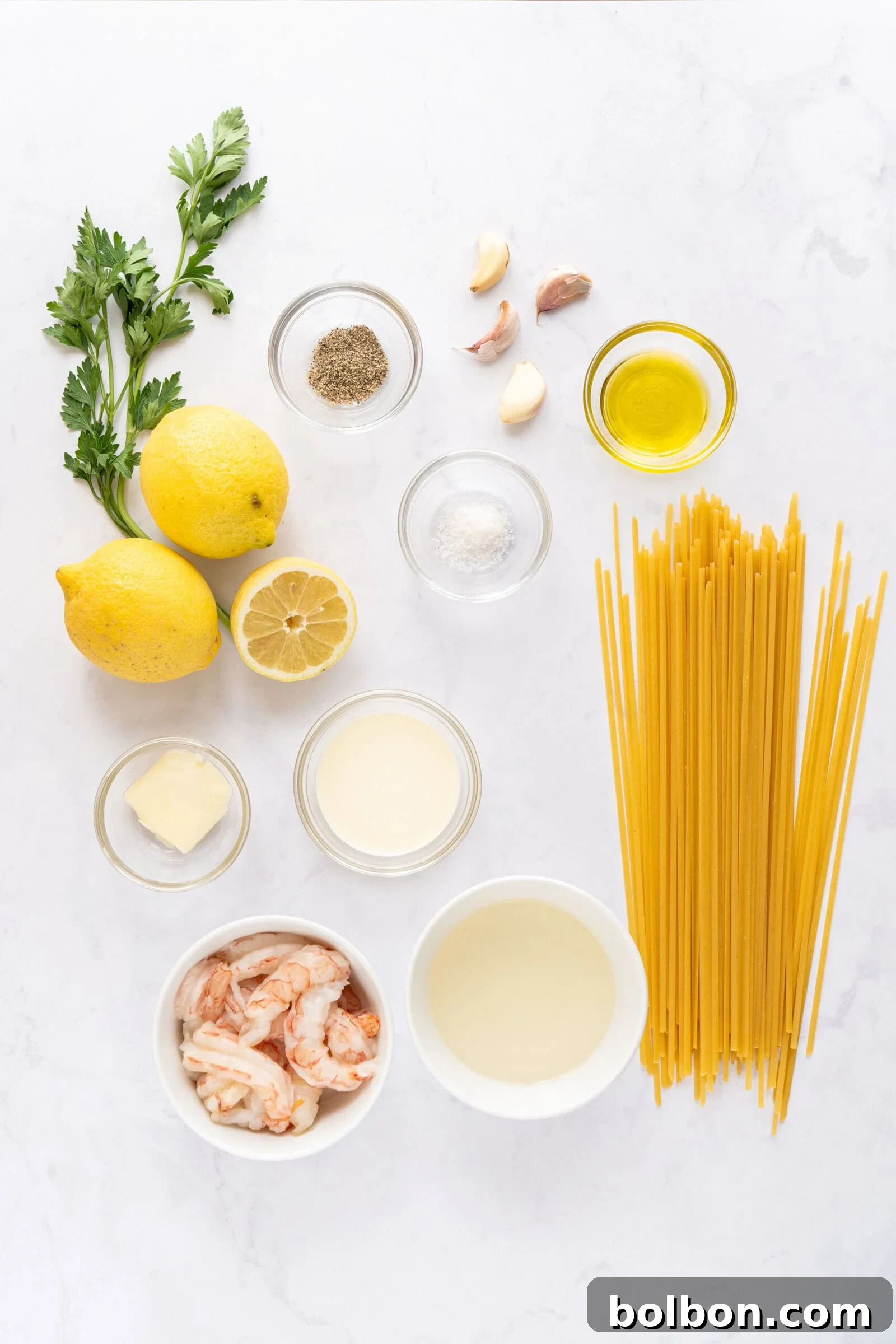 Zesty Lemon Garlic Shrimp Pasta 3 Ingredients for a pasta dish are arranged on a white surface, including parsley, lemons, garlic, olive oil, pepper, salt, butter, cream, shrimp, white wine, and uncooked pasta.