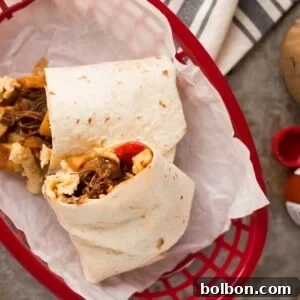 Make Ahead Beef Breakfast Burritos, ready for meal prepping.