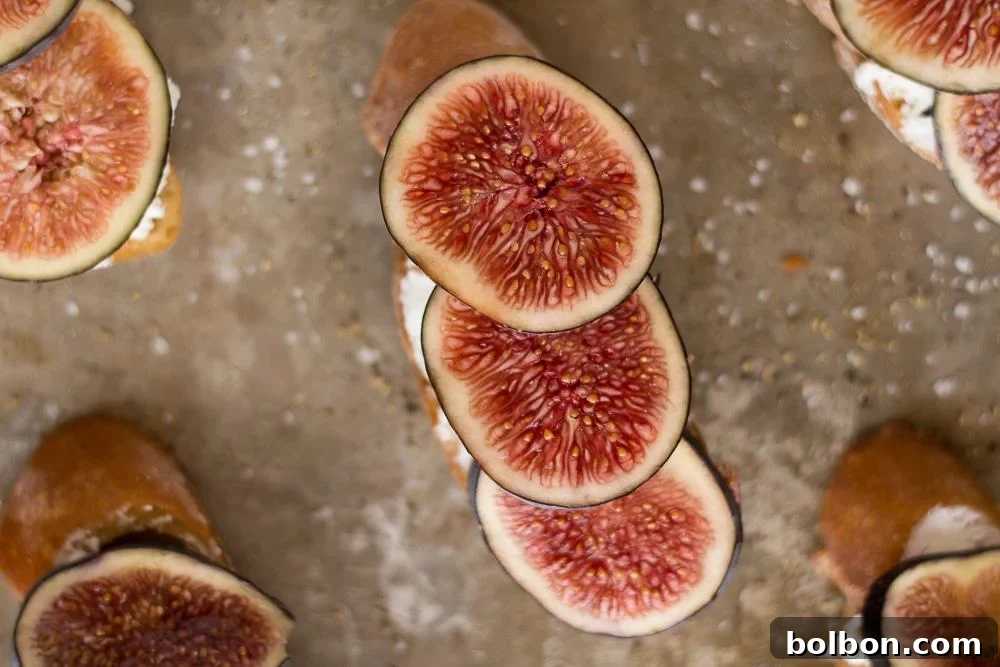 Honeyed Fig and Chevre Crostini 3 Close-up of freshly prepared Fig and Goat Cheese Crostini on a rustic wooden board.