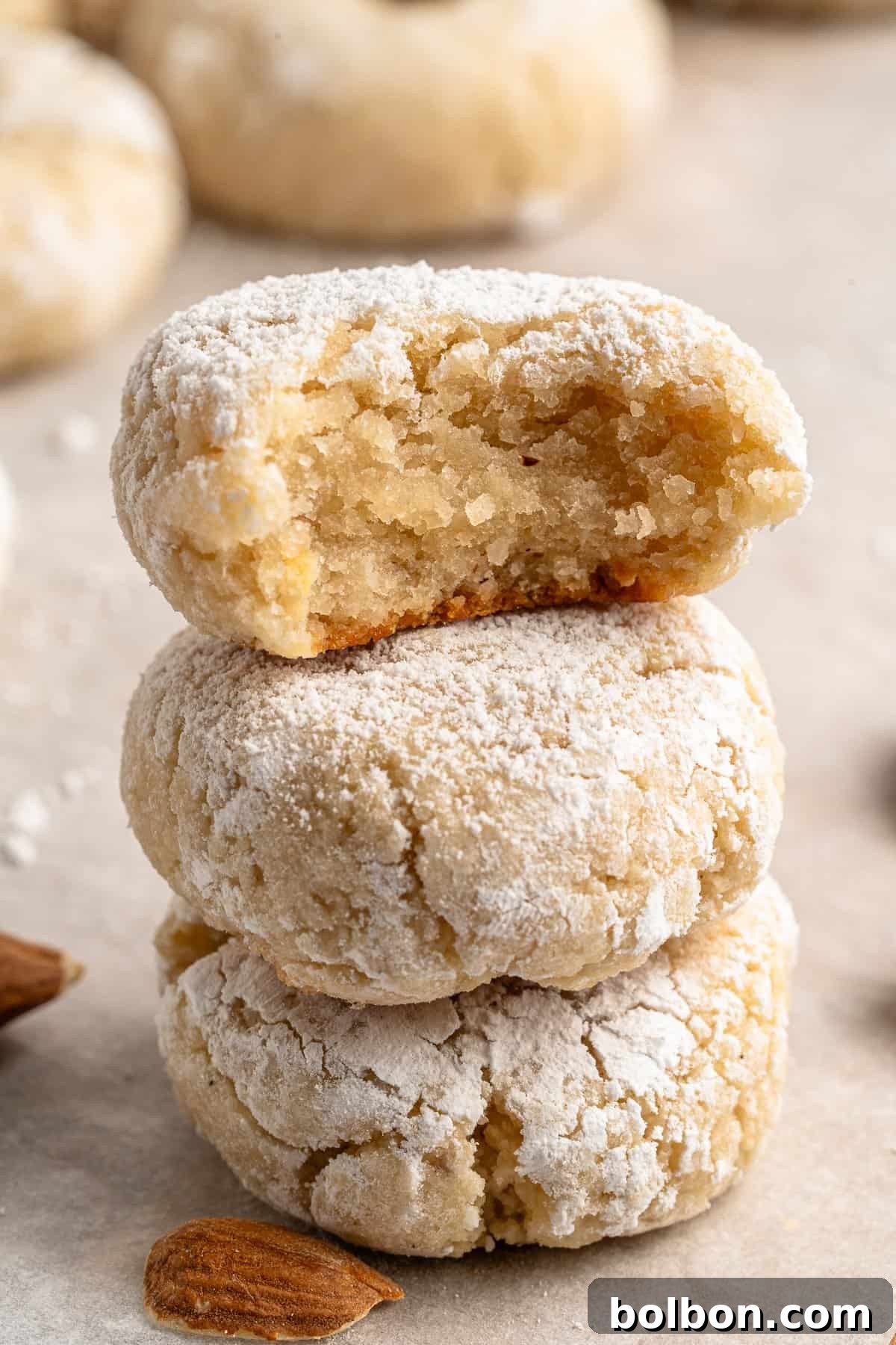 Almond Amaretti: Italian Cookie Tradition 2 A stack of three almond cookies is shown with the top cookie having a bite taken out. The cookies are dusted with powdered sugar and placed on a light surface. Whole almonds are scattered nearby.