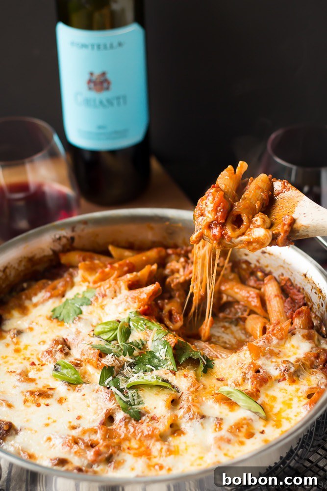 Effortless Elegance: One Pot Pasta for Any Occasion Individual serving of One Pot Pasta Bake with Sausage and Wine, garnished with fresh herbs